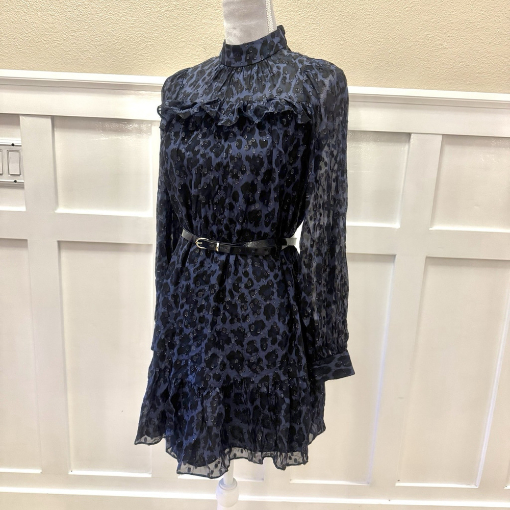Kate Spade Silk Blend Metallic Leopard-print Mini dress Size:XS Ruffle No Belt